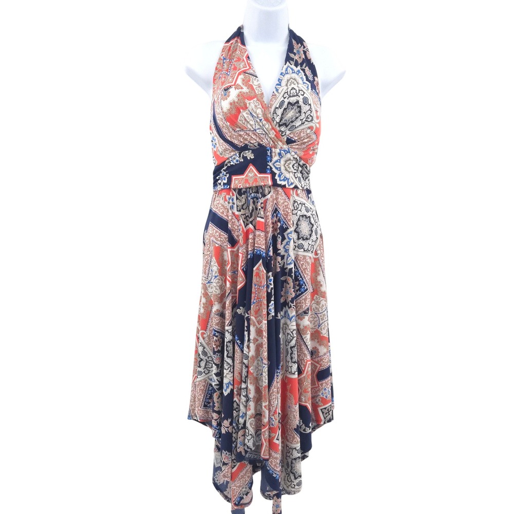 Soma Halter‎ Midi Dress Women Large Blue Coral Paisley Handkerchief Hem Boho